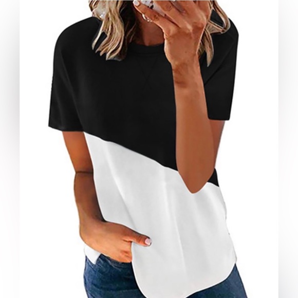 LAPA Women's Contrast Color Short Sleeve T-shirt Stitching Casual Loose Fit Tops - Picture 2 of 5